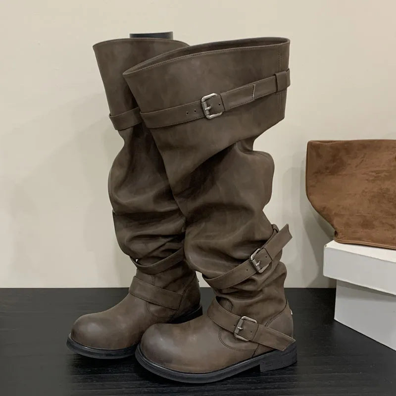 Eilyken Women’s Over-the-Knee Boots – Round Toe Punk Style with Pleated Buckle Strap, Low Square Heels for Autumn Winter