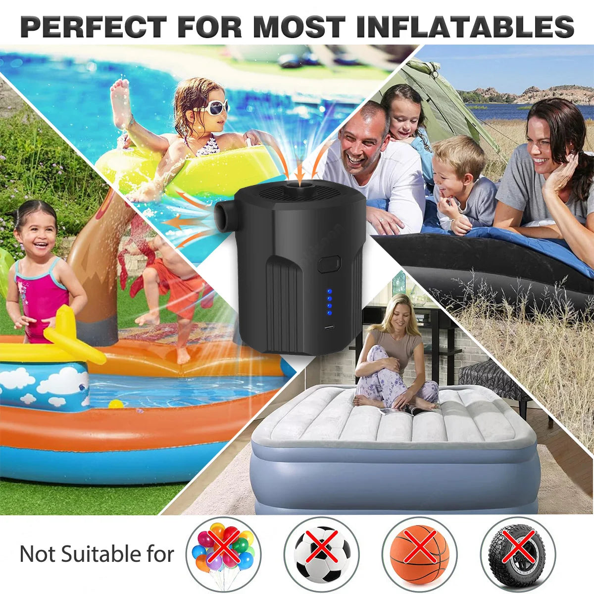 Portable Electric Air Pump for Inflatables with 5 Nozzles – Fast Inflation for Air Mattresses, Boats, Pool Floats, Camping Gear & Cushions