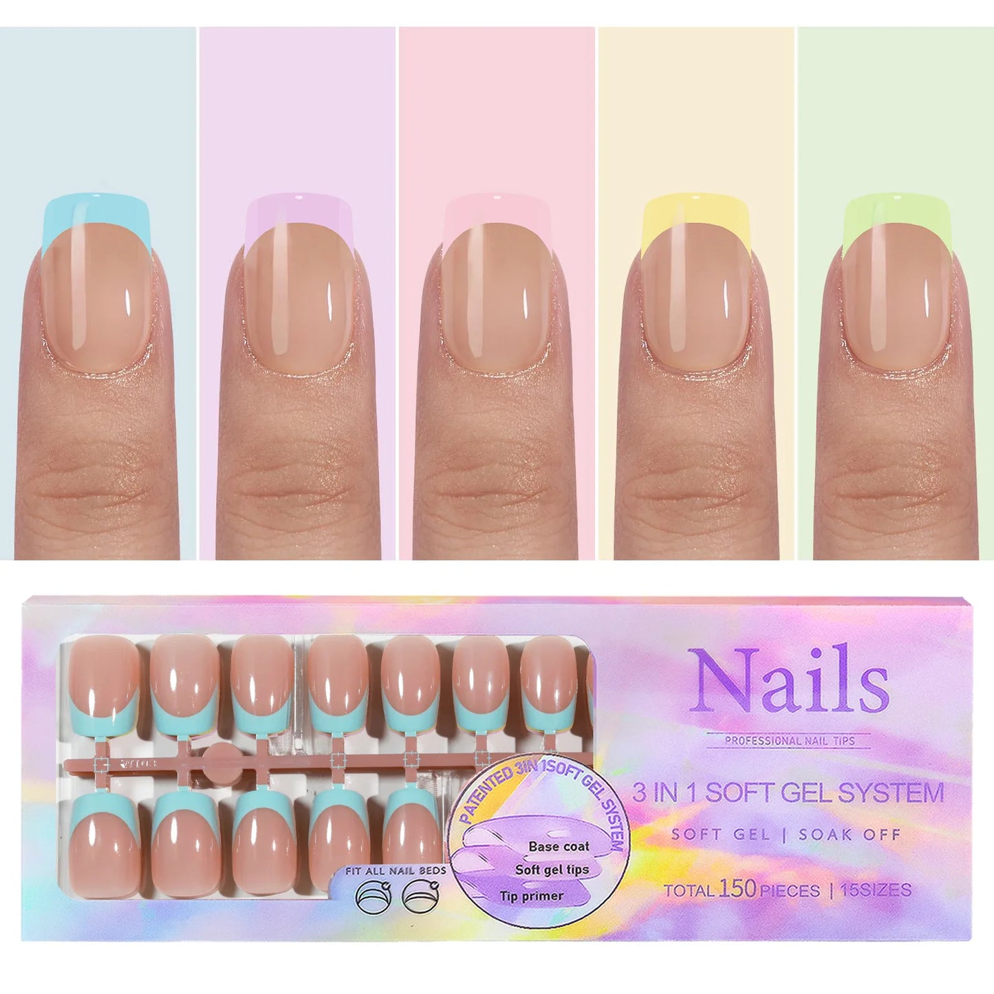 150PCS Press On Fake Nails - 6 Color Multi-Size Almond Acrylic Nails with French Style Removable Design