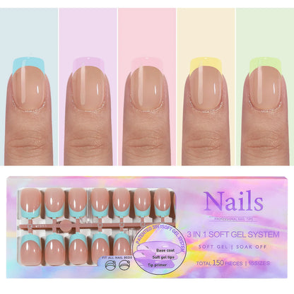 150PCS Press On Fake Nails - 6 Color Multi-Size Almond Acrylic Nails with French Style Removable Design