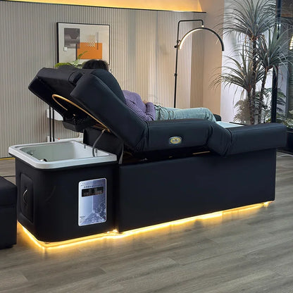 Modern Beauty Salon Shampoo Bed with Back Lift, Massage Headrest & Foot Spa Pedicure Station