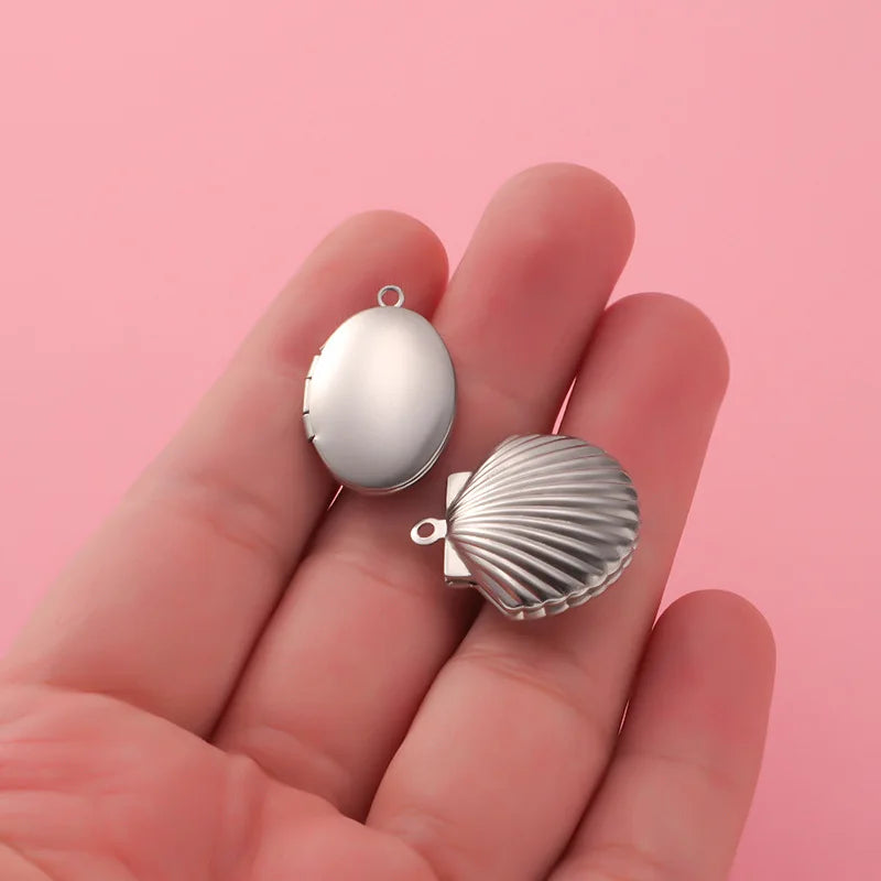 Stainless Steel Photo Locket Charms - 5-Piece Heart, Round & Square Memory Pendant Set
