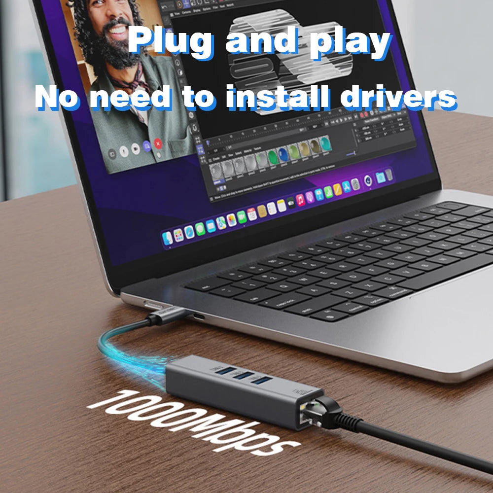 USB-C Hub Docking Station – Type C to RJ45 1000Mbps Ethernet Adapter, USB 3.0 Hub, 100W Charging Dock