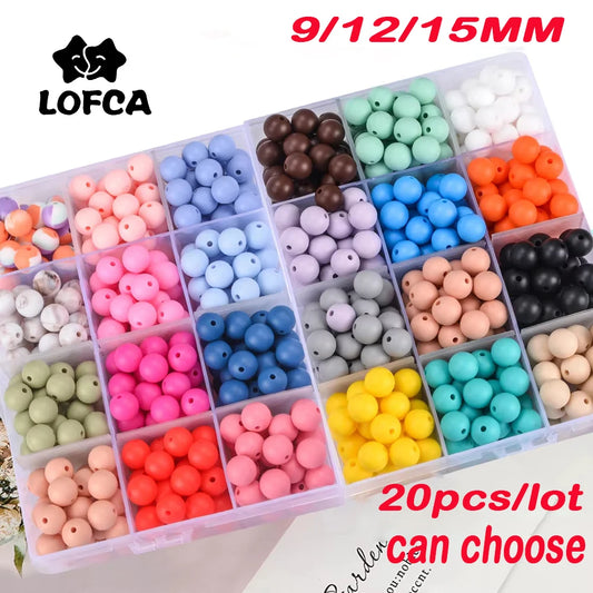 LOFCA Silicone Round Beads 20pcs - 9/12/15mm DIY Jewelry Making Beads for Bracelets, Keychains & Necklaces
