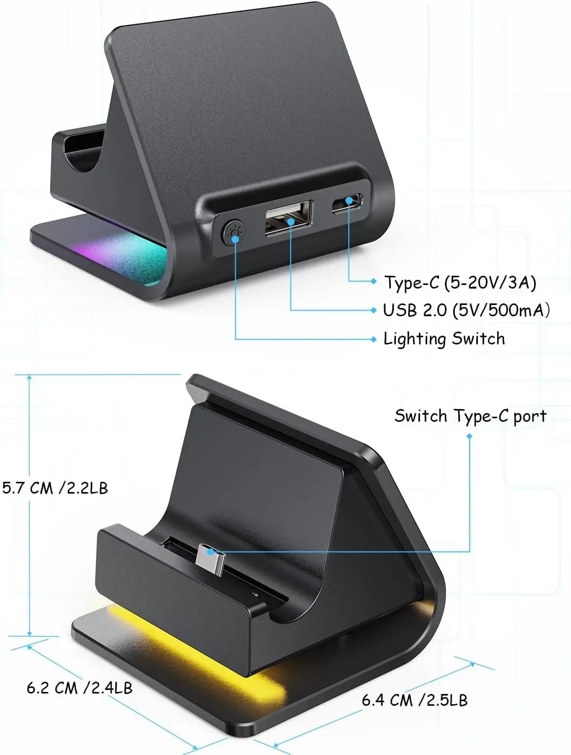 RGB Charger Dock for Nintendo Switch – Portable Charging Stand for 2 Joy-Con Controllers