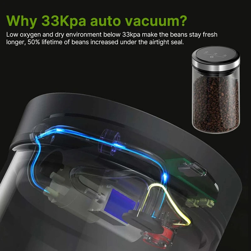ABFU 1.6L Vacuum Coffee Canister — 33KPa Auto Vacuum with Airtight Lid & Touch Screen Storage Jar