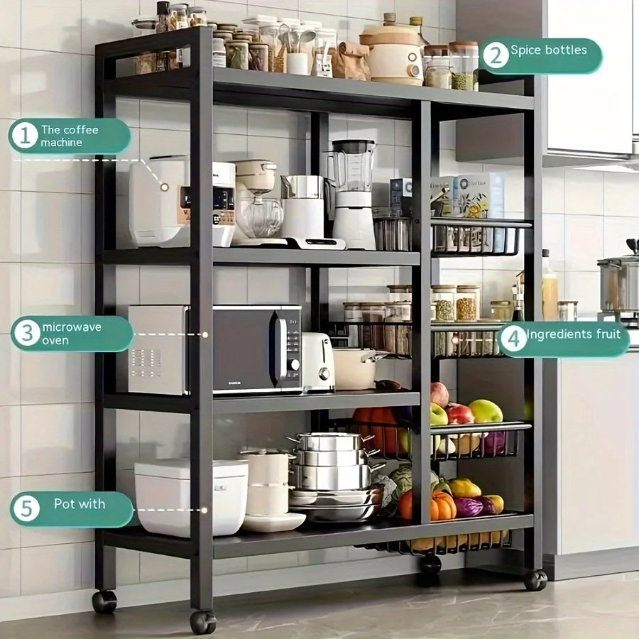 Heavy-Duty 4-Tier Metal Mesh Basket Rack — Rolling Storage Organizer with Locking Wheels for Kitchen & Restaurant Vegetables