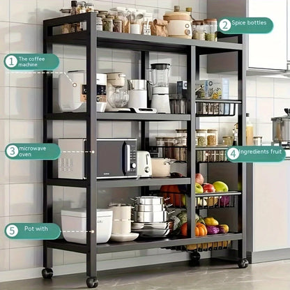 Heavy-Duty 4-Tier Metal Mesh Basket Rack — Rolling Storage Organizer with Locking Wheels for Kitchen & Restaurant Vegetables