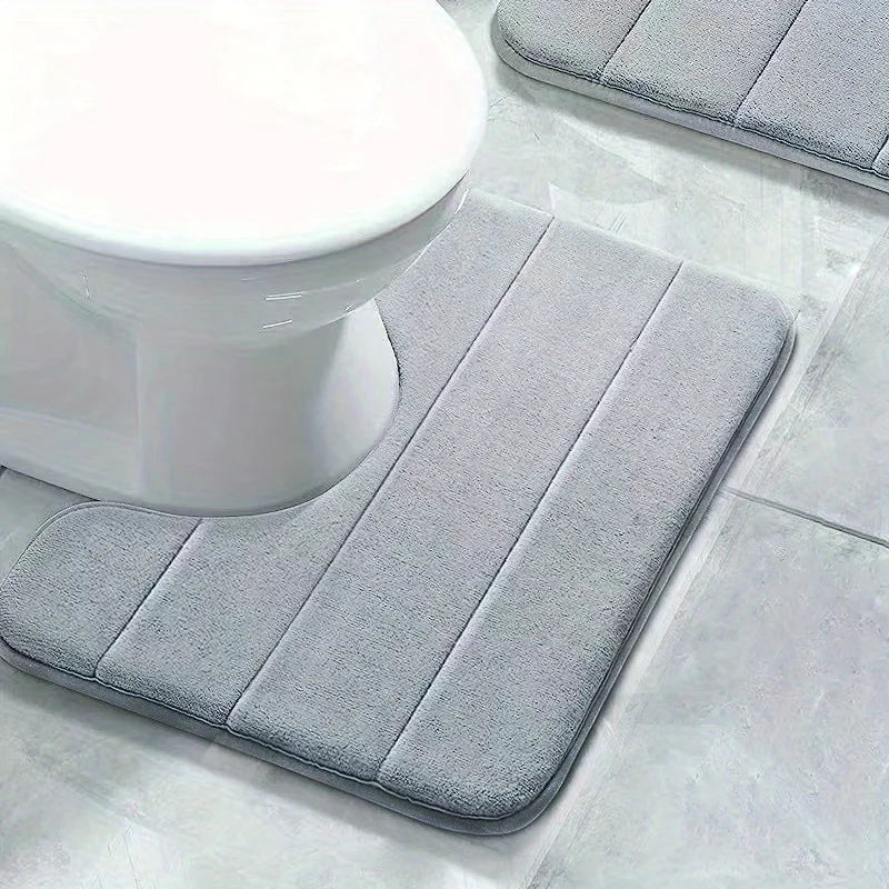 Soft Non-Slip Quick-Dry Bathroom U-Mat - Pure Color Stripe Absorbent Toilet & Shower Carpet