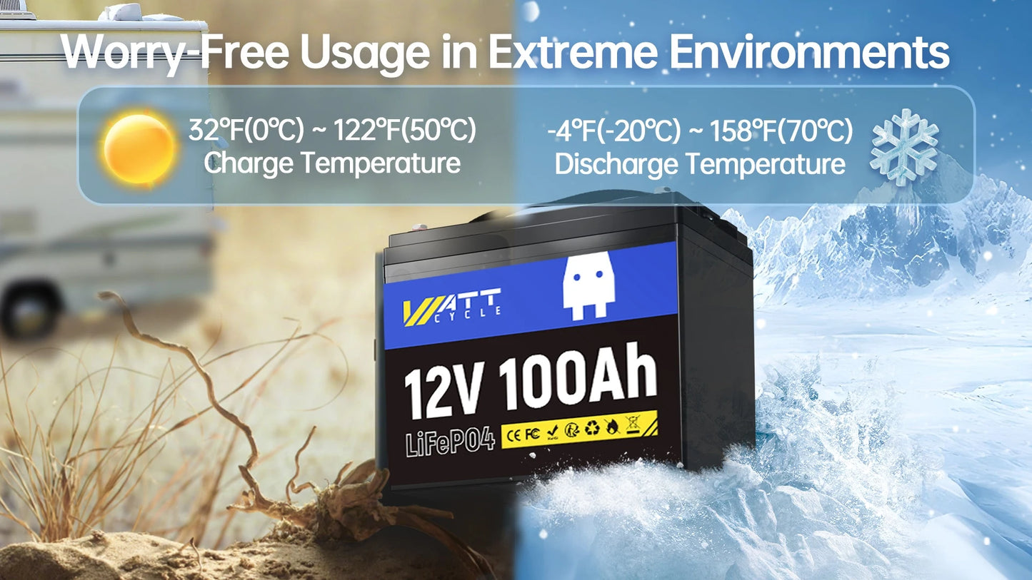 Wattcycle 12V 100Ah LiFePO4 Battery Pack – Grade A Rechargeable Lithium Iron Phosphate for Home & Outdoor Energy Storage