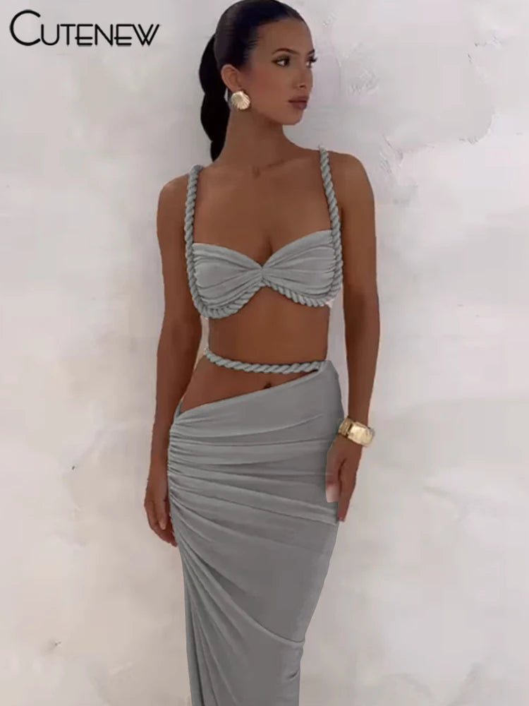 Women’s Woven Two-Piece Vacation Set – Pleated Crop Camisole & High Waist Maxi Skirt Sexy Summer Outfit Matching Set