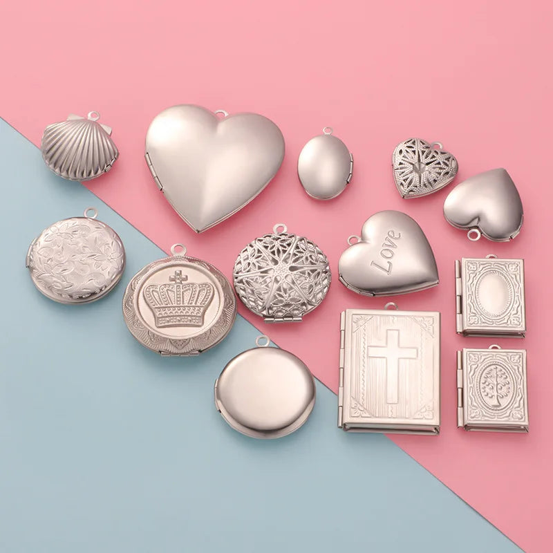 Stainless Steel Photo Locket Charms - 5-Piece Heart, Round & Square Memory Pendant Set