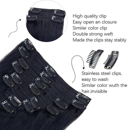 Straight Clip-In Hair Extensions – 8 Piece Full Head Set, 120g Brazilian Remy 100% Human Hair, Natural Black