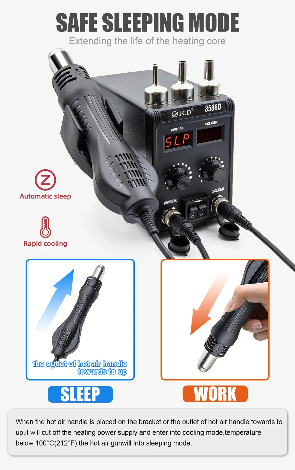 JCD 8586D 2-in-1 750W Soldering Station with Hot Air Gun – LCD Digital Display Electric Soldering Iron for SMD Welding & Rework