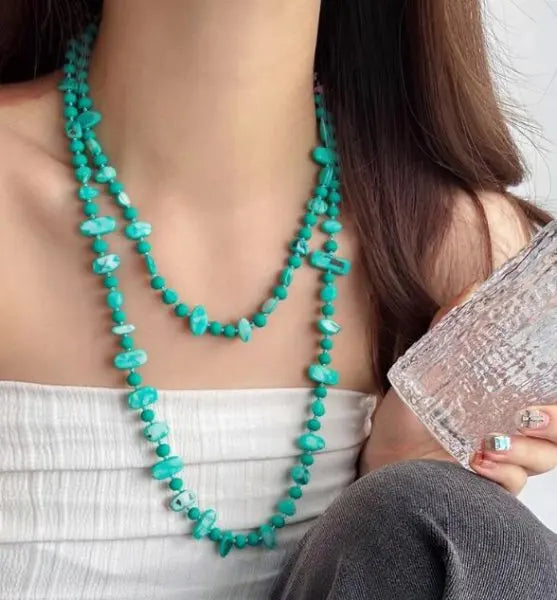 Bohemian Natural Stone Necklace - Handmade Double Layer Crystal Bead Long Chain Jewelry Gift for Women