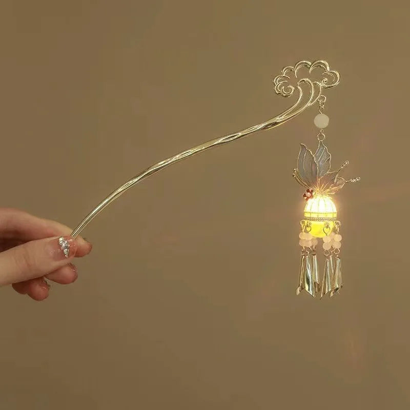 Luminous Lotus Flower Hairpin – Vintage LED Hair Stick with Lantern Tassel for Women and Traditional Hairstyles