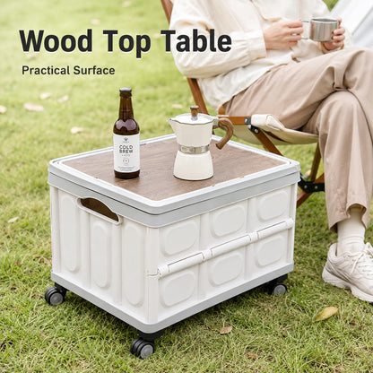 Foldable Storage Box with Wheels - Camping Gear Organizer with Wooden Lid for Car Trunk & Outdoor Use