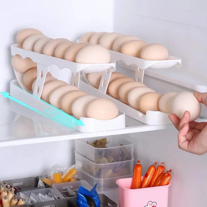 Automatic Scrolling Egg Rack Holder - Refrigerator Egg Dispenser and Organizer Box for Kitchen Storage