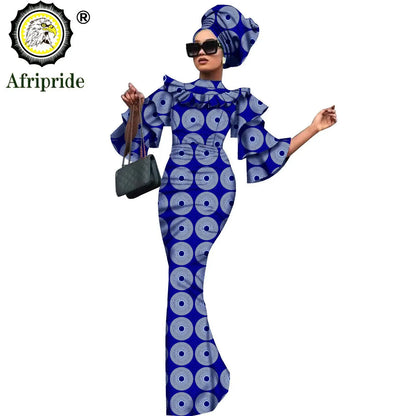 African Bazin Riche 2-Piece Dress Set - Plus Size Bodycon Dress with Headwrap for Women