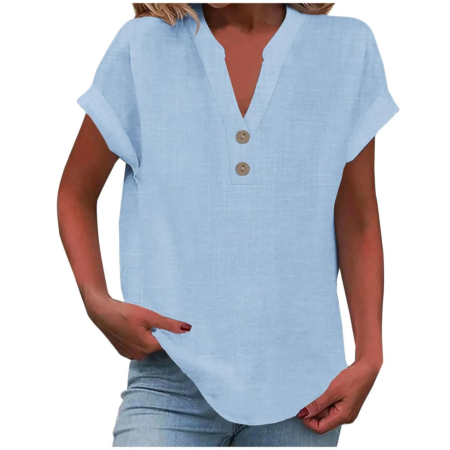 Women’s Cotton Linen Button-Down V-Neck Shirt – Breathable Solid Color Summer Office Casual Top 2025