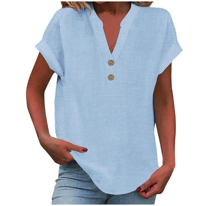 Women’s Cotton Linen Button-Down V-Neck Shirt – Breathable Solid Color Summer Office Casual Top 2025