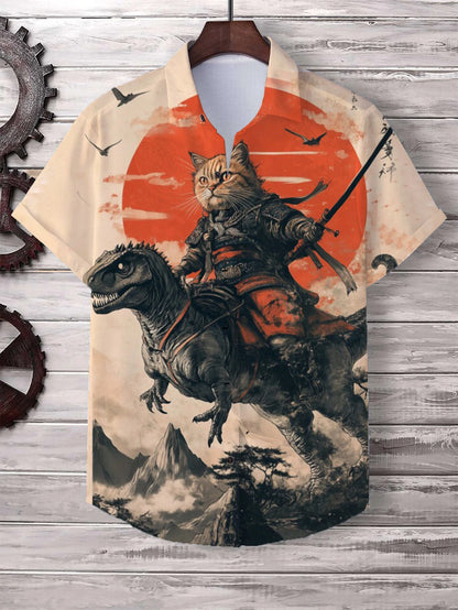 Men’s Cat Graphic Button Down Shirt - Oversized Short Sleeve Summer Hawaiian Vacation Top