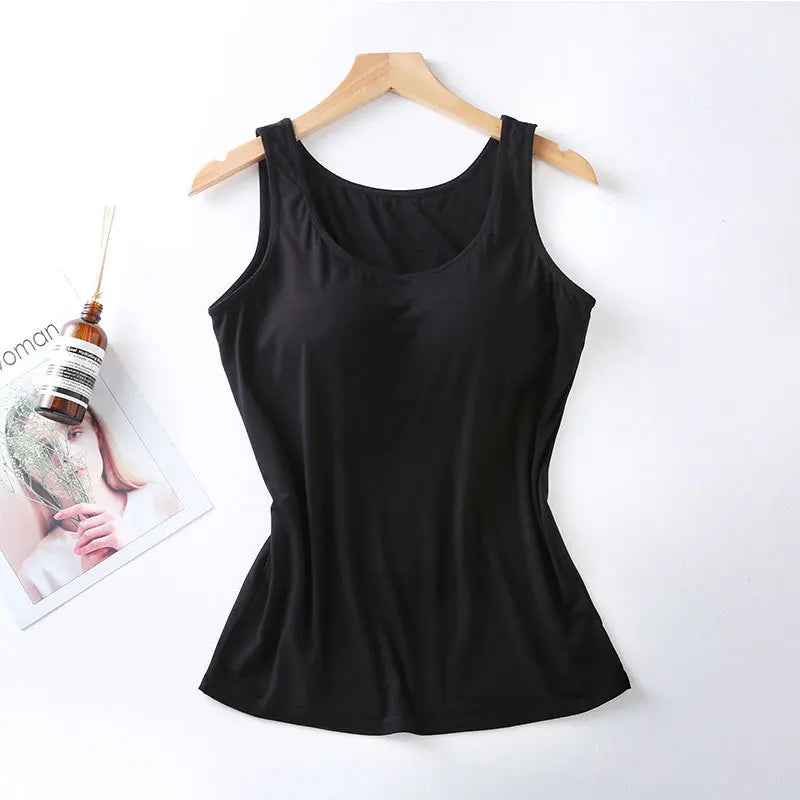 Women’s Built-In Bra Tank Top - Solid Color Padded Slim Fit Vest Shirt for Casual, Sexy & Everyday Wear