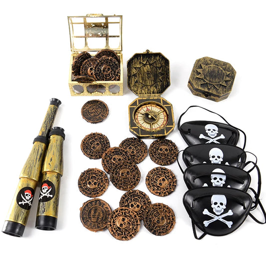 Pirate Party Costume Set - Eye Patch, Coins, Skull Hat & Birthday Decoration Accessories for Kids