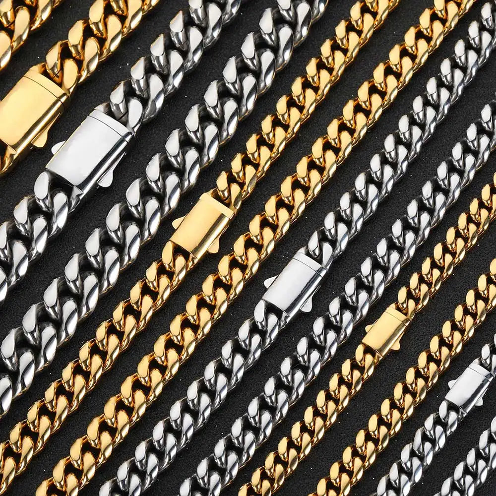 High-Quality Stainless Steel Gold Color Cuban Chain Necklace – 8-14mm Width, Waterproof Curb Link for Men & Women, Multiple Sizes