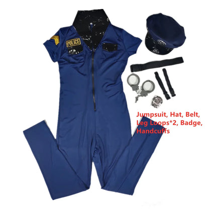 Women's Blue Police Jumpsuit Costume - 7-Piece Zipper Cop Uniform Set for Halloween Cosplay