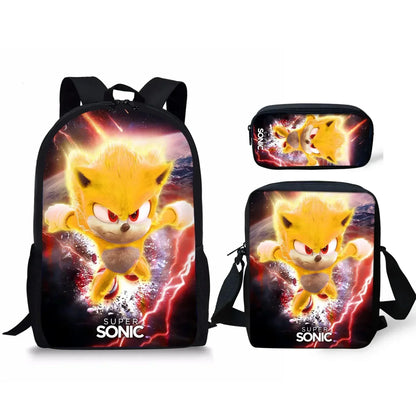 3PC Cartoon School Bag Set – Sonic Lunch Bag, Pencil Case & Backpack for Primary & Middle School Students