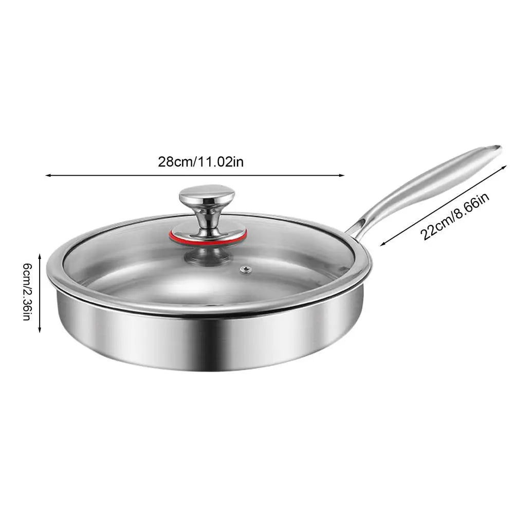 Titanium Frying Pan with Glass Lid - Non-Stick Even-Heating Stainless Steel Skillet for Kitchen Cooking, 26/28/30cm