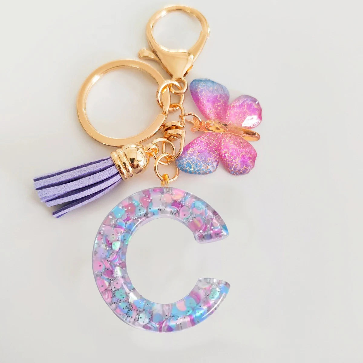 Butterfly Initial Keychain - Fringe Sequin A-Z Letter Bag Charm for Women & Students