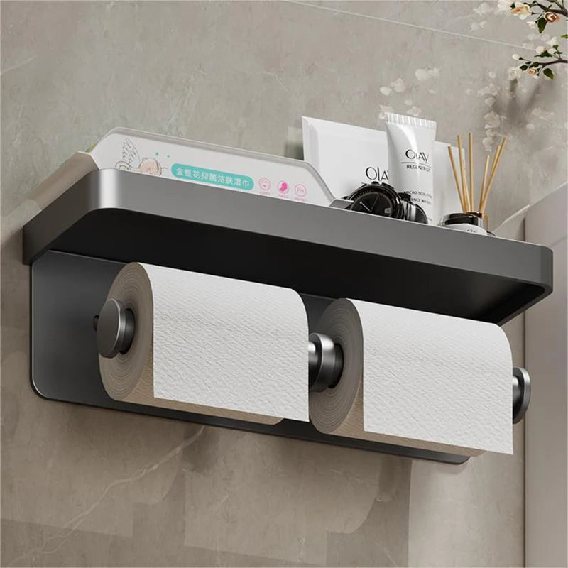 Large Wall-Mounted Toilet Paper Holder with Storage Tray and Phone Stand - Bathroom Accessories, Toilet Organizer
