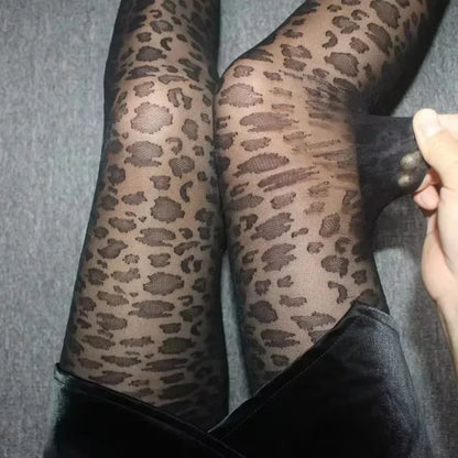 Vintage Women’s Sheer Silky Pantyhose, Gothic Black Leopard Print Transparent Tights, Seamless Sexy Animal Pattern Stockings