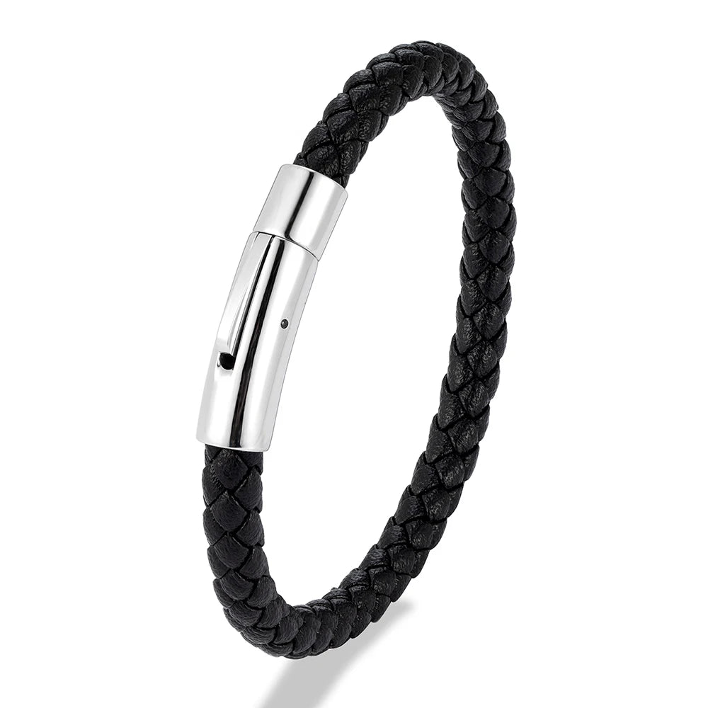 MKENDN Red Braided Leather Bracelet - 6mm Stainless Steel Button Unisex Couple Jewelry Gift Classic Simple Design