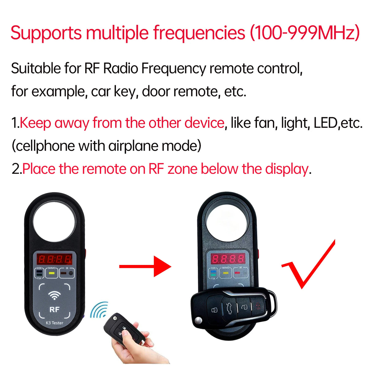 AIKKEY K3 Remote Key Frequency Tester - Portable 100–999MHz ASK/FSK Signal Detector for Automotive Key Testing