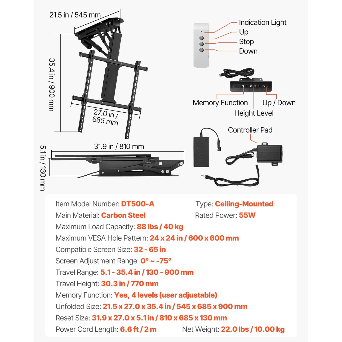 SucceBuy Motorized TV Wall Mount Bracket for 32–70 Inch TVs – Adjustable Electric Lift, Heavy Duty, Max VESA 24x16/24, 88–132 lbs Capacity