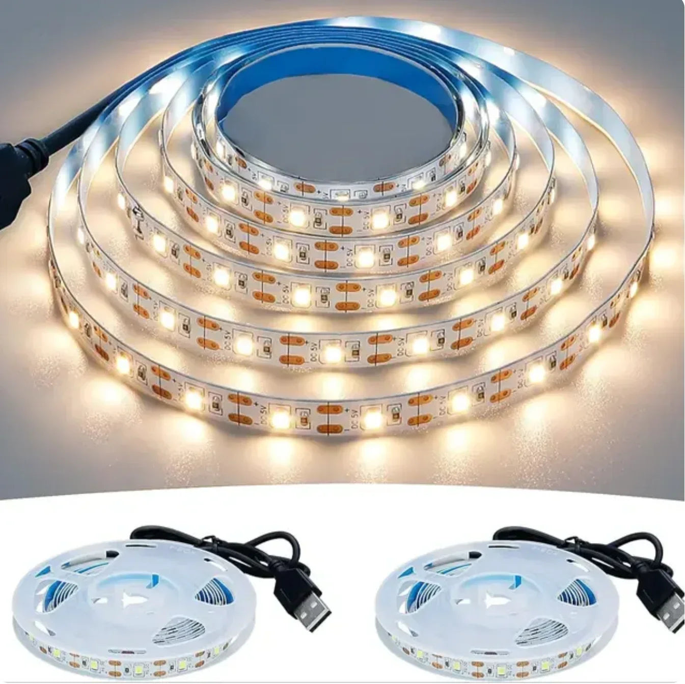 DC 5V USB LED Strip Light 2835 White & Warm White Flexible Tape Light for TV Backlight Home Decor and Ambient Lighting 1–5m