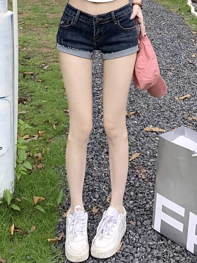 Summer Women’s Korean Style Denim Shorts – Low Waist Elastic Slim Fit Deep Blue Hot Pants