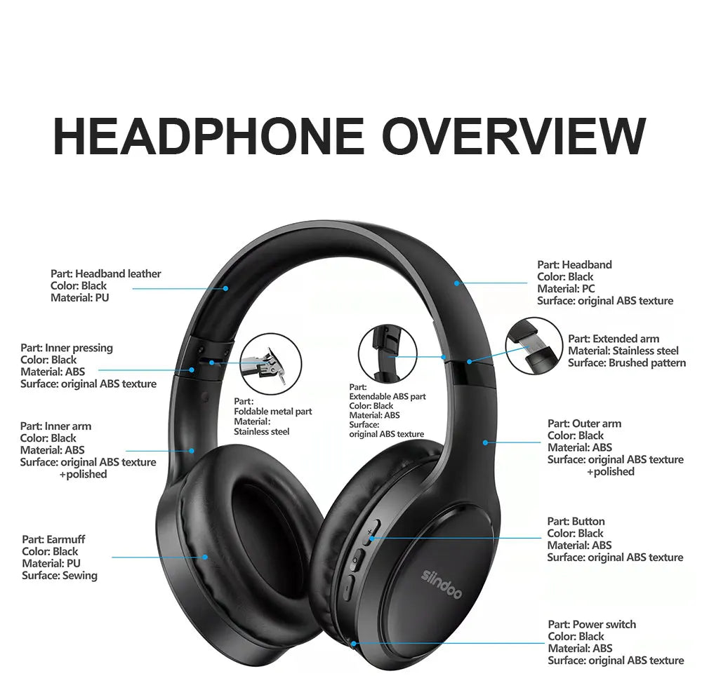Siindoo JH919 Wireless Bluetooth Headphones - Foldable Stereo Earphones, Super Bass, Noise Reduction Mic for Laptop, PC, TV