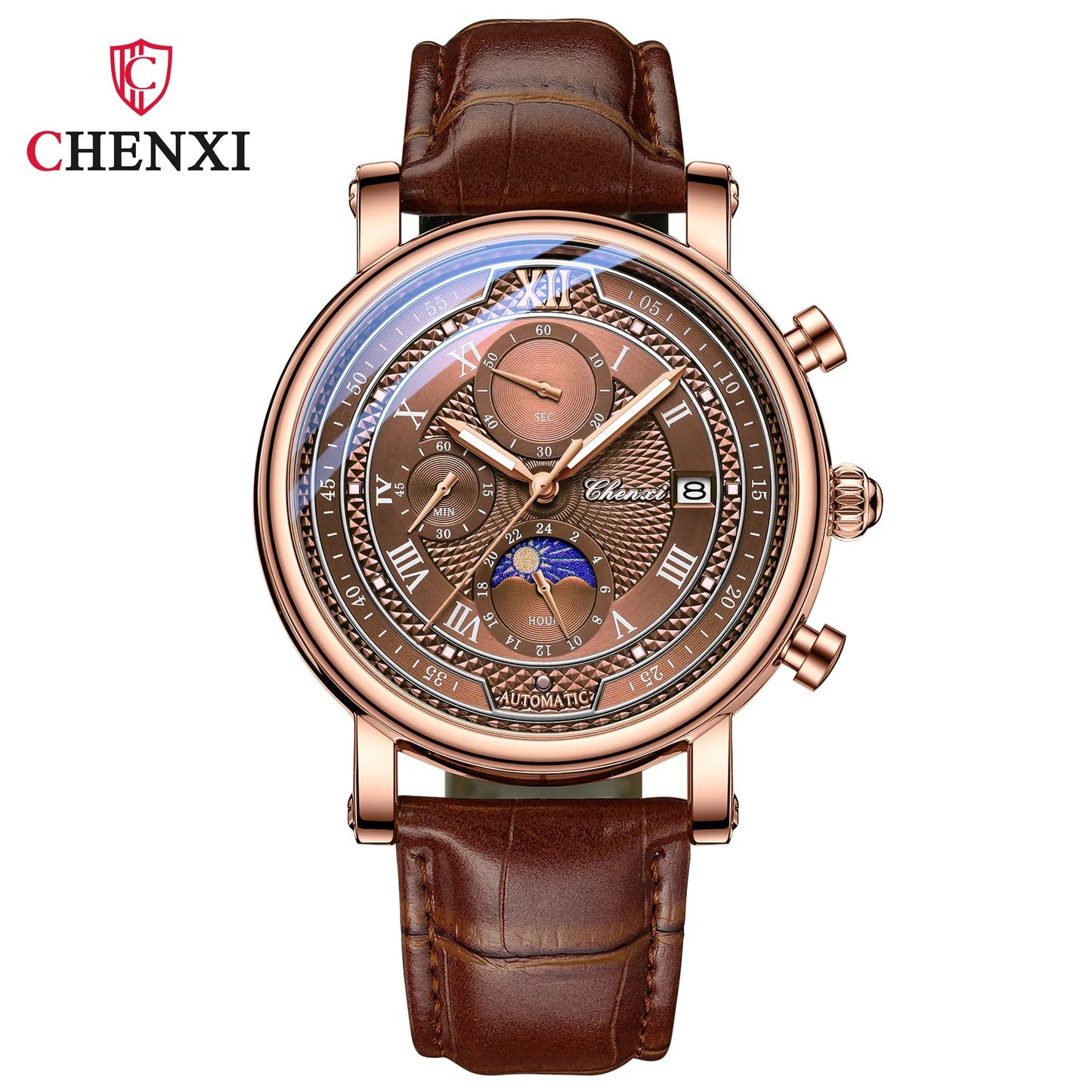 Chenxi 976 Men’s Leather Chronograph Watch – Phase of the Moon, Luminous Quartz Date Timepiece, Business Reloj para Hombres