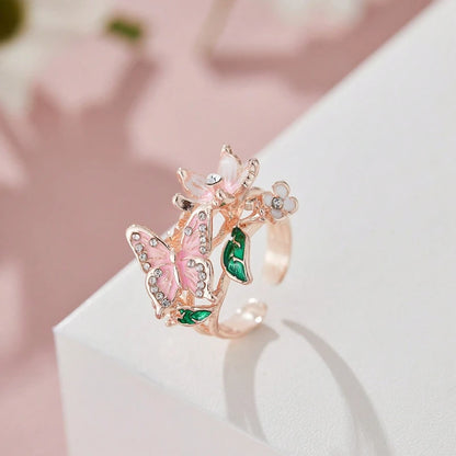 Flower Butterfly Ring - Romantic Rhinestone Adjustable Jewelry for Women, Weddings & Gifts
