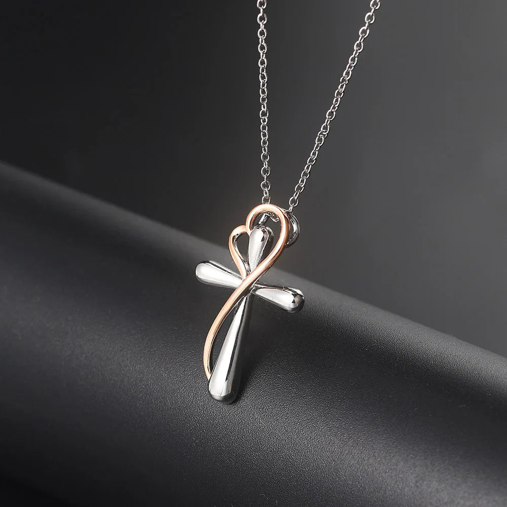 Heart Cross Pendant Necklace for Women – Double Color Aesthetic Choker Chain with Cross Design, Stainless Steel Christmas Gift Jewelry N231