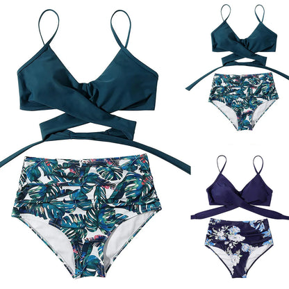 Floral Print Cross High Waist Bikini – Women’s Two-Piece Beach Swimsuit for Teenagers 2024 Trend