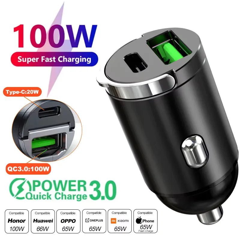 100W/200W Fast Car Charger - QC3.0 PD USB Type C Dual Port Adapter for iPhone Samsung Xiaomi Huawei 12-24V Vehicle Power