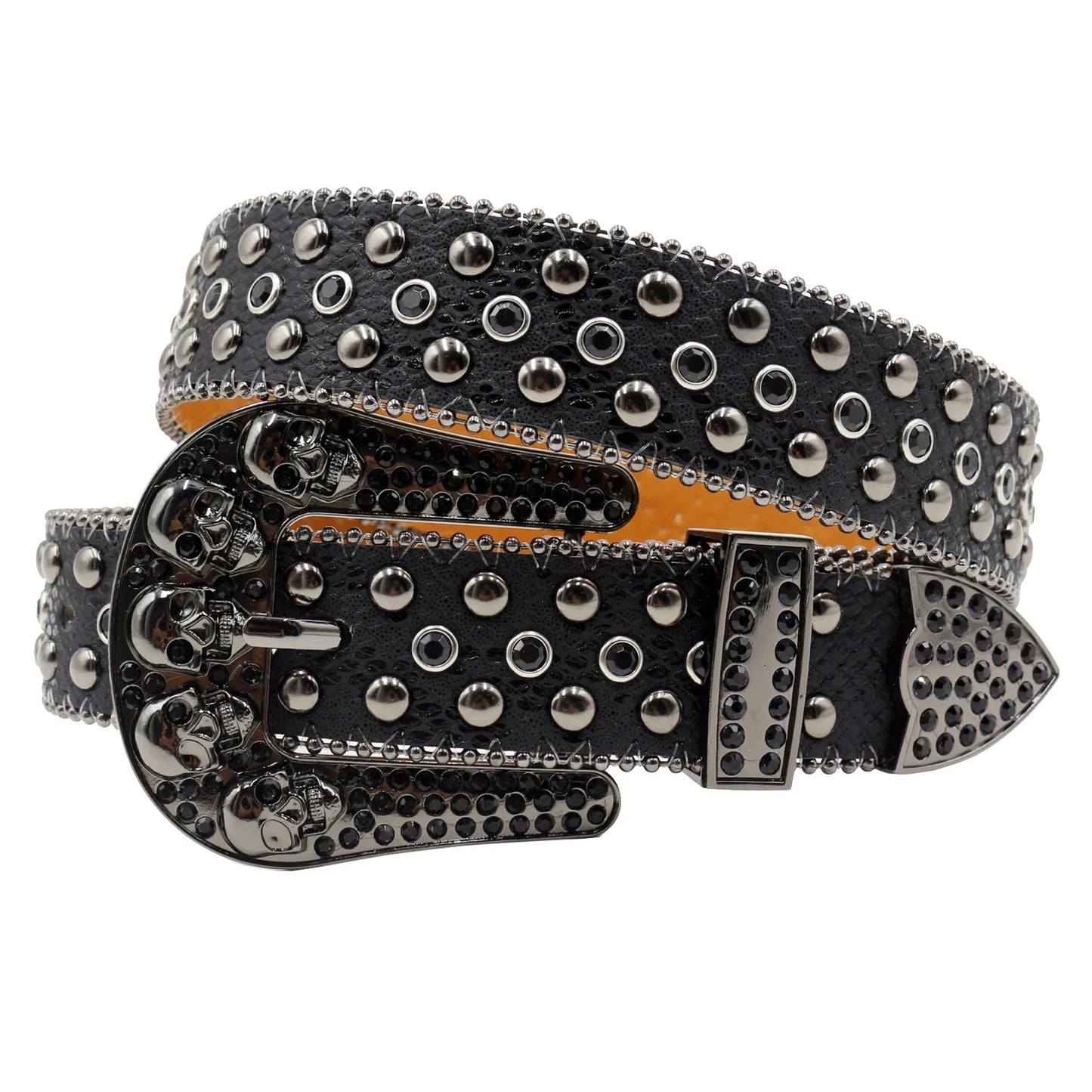 Women’s Rhinestone Skull Leather Belt – Luxury Designer Studded Strap for Jeans, White & Black