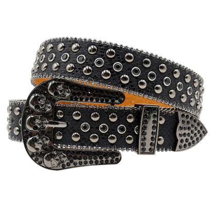Women’s Rhinestone Skull Leather Belt – Luxury Designer Studded Strap for Jeans, White & Black