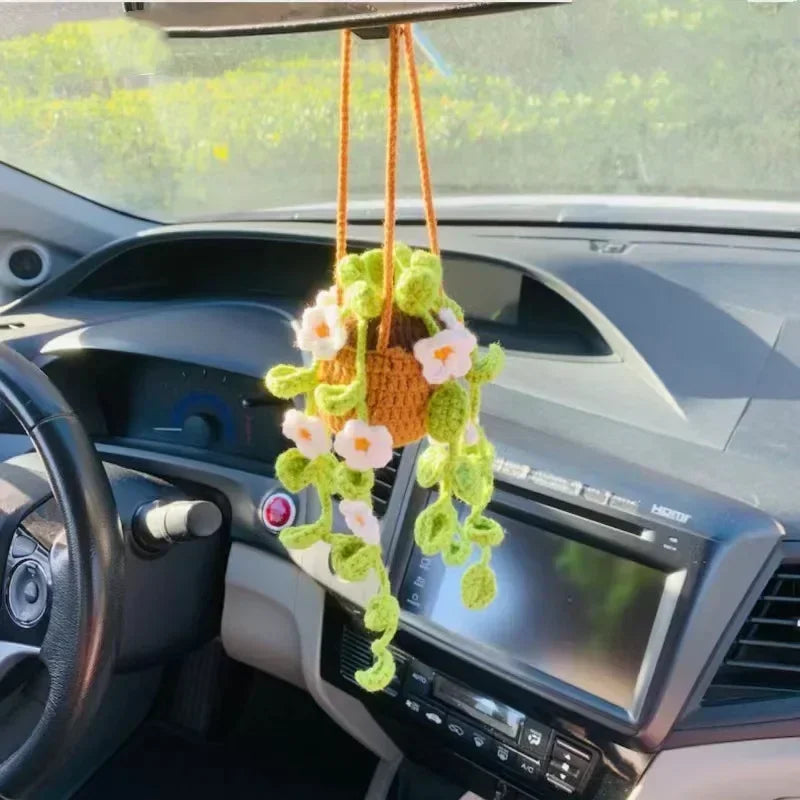 Cute Crochet Potted Plants Car Basket – Hanging Car Decor & Rear View Mirror Ornament Accessories