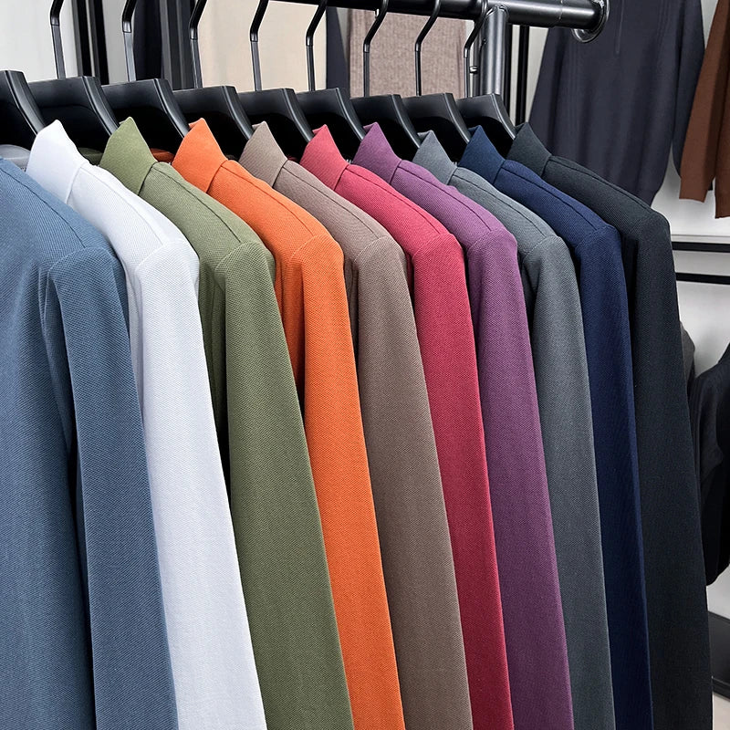 Men's 100% Cotton Long Sleeve Polo Shirt - Embroidered Business Casual Fashion Polo